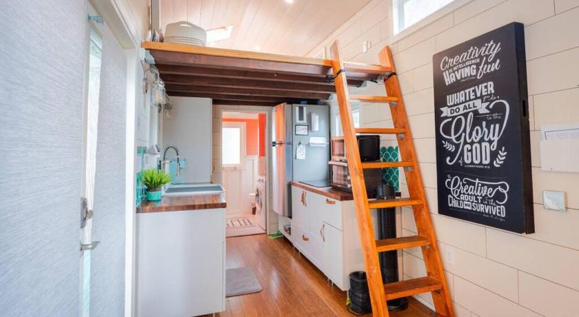 Lofted Bedroom Teal Tiny Home with Creek Views