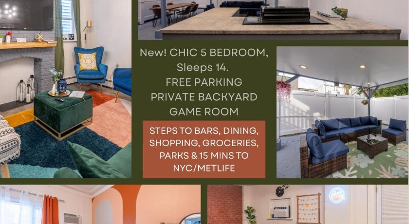 5BR 3BTH House, Steps to Bars, Dining, NYC Access with GameRm, Backyard with BBQ and Parking