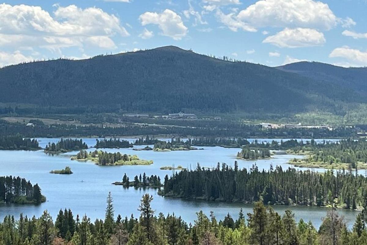 a view of a lake with trees and a mountain
