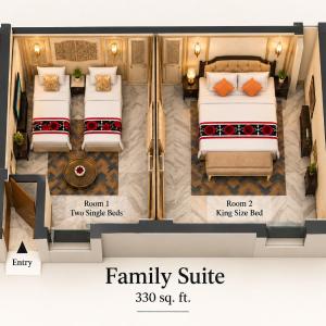  Family Suite With 2 Wasrooms (01 King Bed + 02 Single Bed's) : Enjoy Happy Hours 2+1 offer, Free Pick up on Arrival From Train/ Bus Station (08AM-08PM)