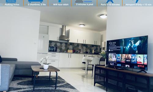 Appartement parisien 56 m2 neuf, moderne avec 2 chambres, 4 lits, parking gratuit, 15min de Paris et 13 min aéroport Orly