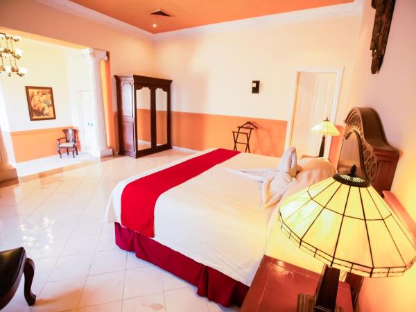 Hotel Boutique La Mision De Fray Diego : photo 3 de la chambre suite principale avec 1 lit king-size et baignoire spa - vue sur jardin