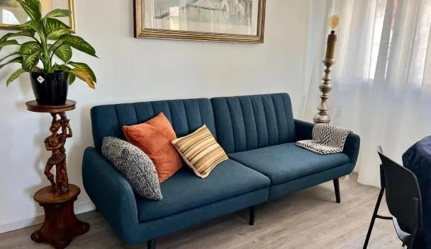 Blue three-seat sofa with patterned cushions, tall floor lamp, potted snake plant and framed painting on wood floors at Casa Silvano in Mestre