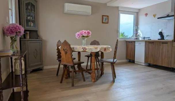 Open-plan dining and kitchen with wooden table and chairs, wall-mounted air conditioner, pink vase and dishwasher at La charmante remise d'Alsace - Appartement Chez Mamama et Papapa in Hessenheim