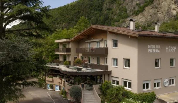 Diesel Pub Pizzeria with outdoor terrace, balcony seating and hot tub at the base of a wooded hillside at Hotel Harpf in Bressanone
