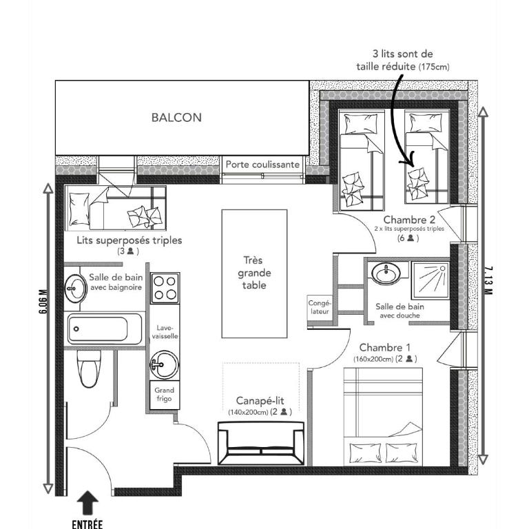 RisoulSki Antarès - Piscine et Sauna - Appartement 200 - 8 à 13 Personnes - 2e Étage - 44 m² - 2 Chambres - 13