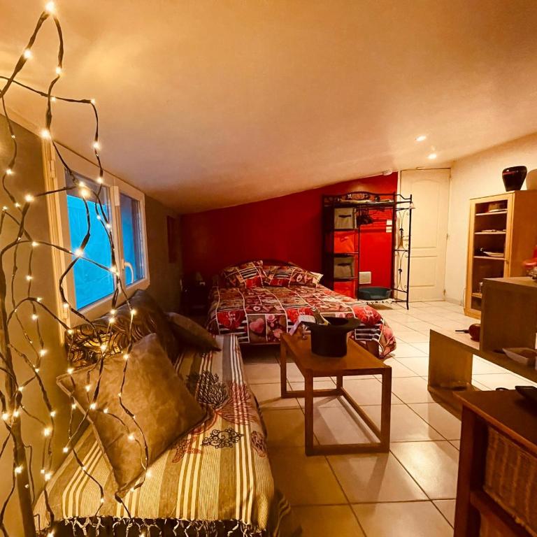 Résidence CAENEE, le dépaysement Naturiste en été avec l'atypique studio climatisé "vintage" en sous pente, sa "paillote" avec jacuzzi, entouré de verdure, planchagrill, transats, vélos gratuits, wifi 5G, Travel Proud LGBTQI, chiens admis - Estudio con bañera de hidromasaje - 1