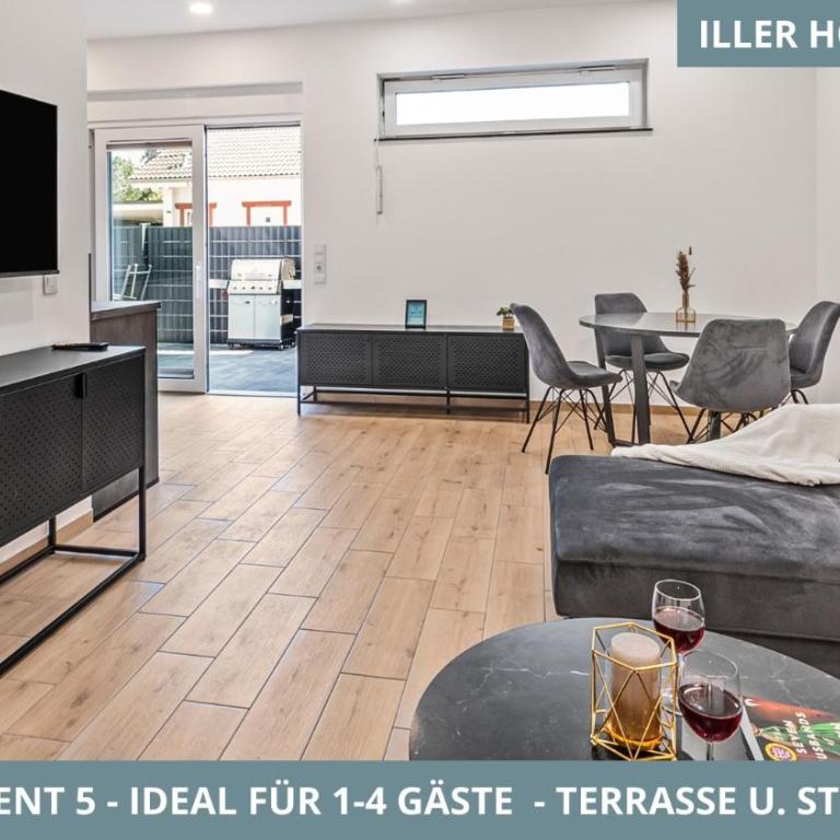 Illler Homes Memmingen Moderne Fewos für bis zu 7 Pers mit Küche & Parkplätzen, teilweise mit Terrasse - Apartment mit 1 Schlafzimmer und Terrasse - 6
