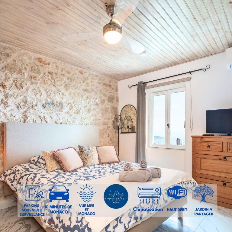 Le Mas d'Angeline-Vue mer panoramique, jardin partagé, parking, voiture indispensable, route étroite et pentue, à 10 min de Monaco - One-Bedroom Apartment with shower - with sea view - 10