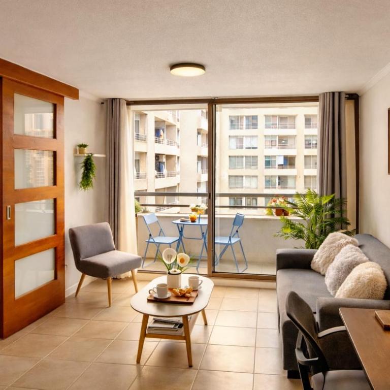 Depto con balcón y vista -Luminoso -Full equipado -A pasos del metro -Santiago centro - One-Bedroom Apartment - 1