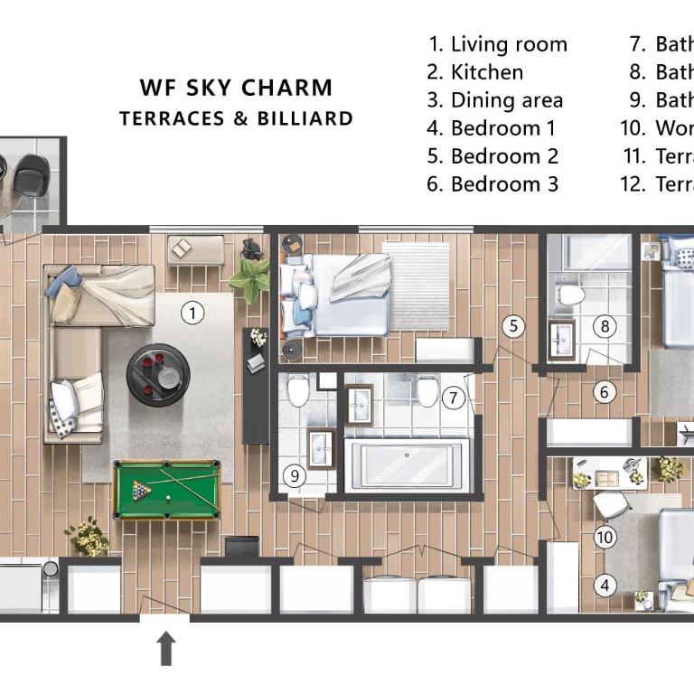WF Sky Charm with Terraces & Billiard - Three-Bedroom Premium Apartment with Balcony - 55
