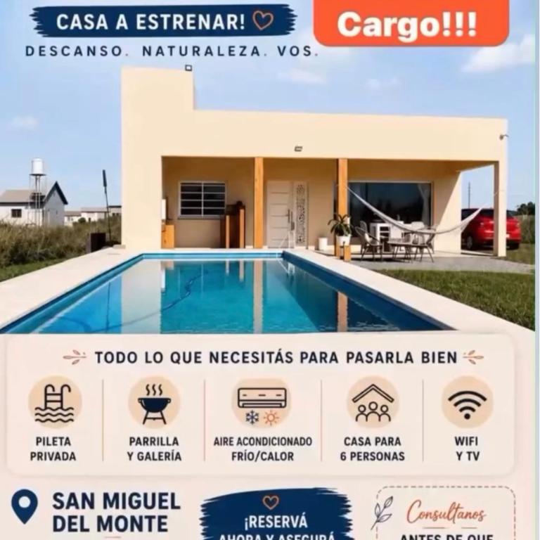 Casa Quinta PARA 6 PERSONAS a Estrenar! Pileta, parrilla cubierta en galería, Aire acondicionado FRÍO CALOR, WIFI, TV, Seguridad, 2 habitaciones amplias, casa 100m,vajilla completa,microondas,pava electrica,heladera cocina Laguna San miguel del Monte - Casa de 2 dormitorios - 1