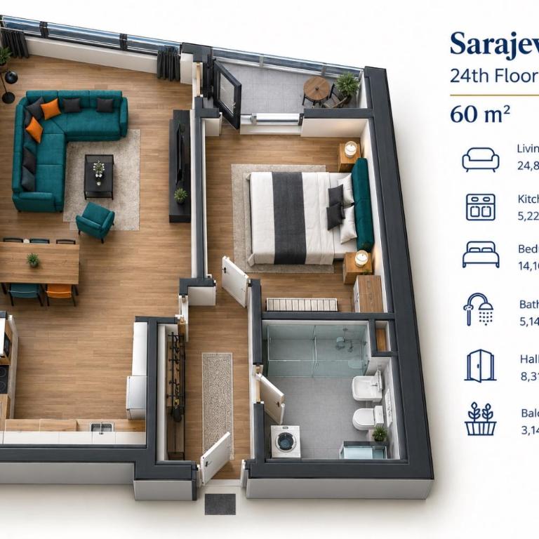 Sarajevo Tower 24th floor apartment 2P - Apartman sa 1 Spavaćom Sobom - 6