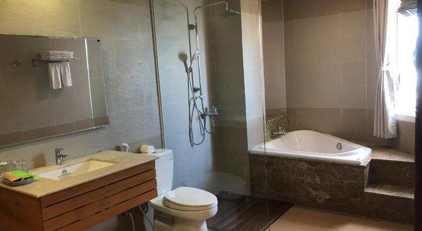 a bathroom with a shower, toilet, sink and tub, Elegant Hotel. in Pleiku (Gia Lai)