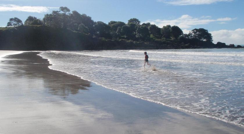 a person walking on the beach with a surfboard, Nga Puriri Bed and Breakfast in Hicks Bay