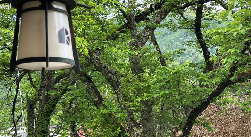 a lamp post with a tree in the middle of it, Shirakawago Guest House Kei in Shirakawago