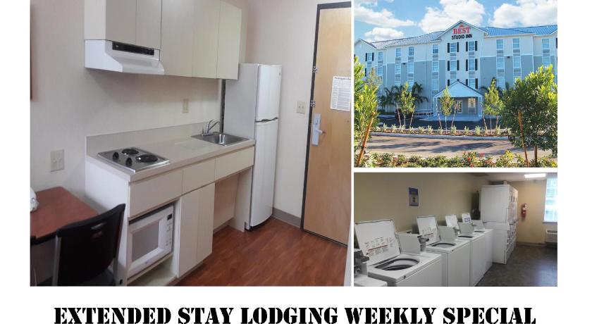 a kitchen with white walls and white appliances, Best Studio Inn Homestead (Extended Stay) in Homestead (FL)