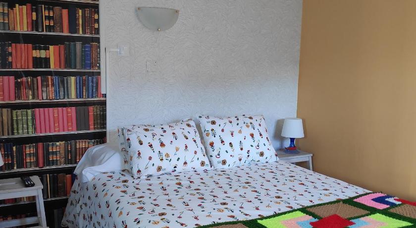 a bed in a room with a bookcase and bookshelf, Albergue El Ultimo Bucardo in Linas De Broto