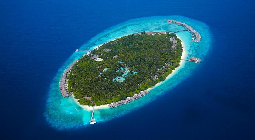 a large blue and white boat floating on top of a blue ocean, Dusit Thani Maldives in Maldive Islands