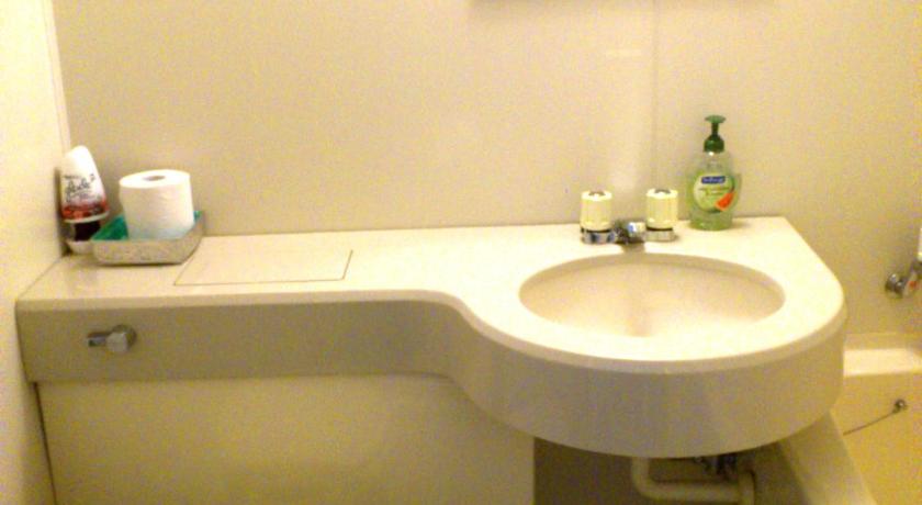 a white toilet sitting next to a sink in a bathroom, Tenjin Lodge in Minakami