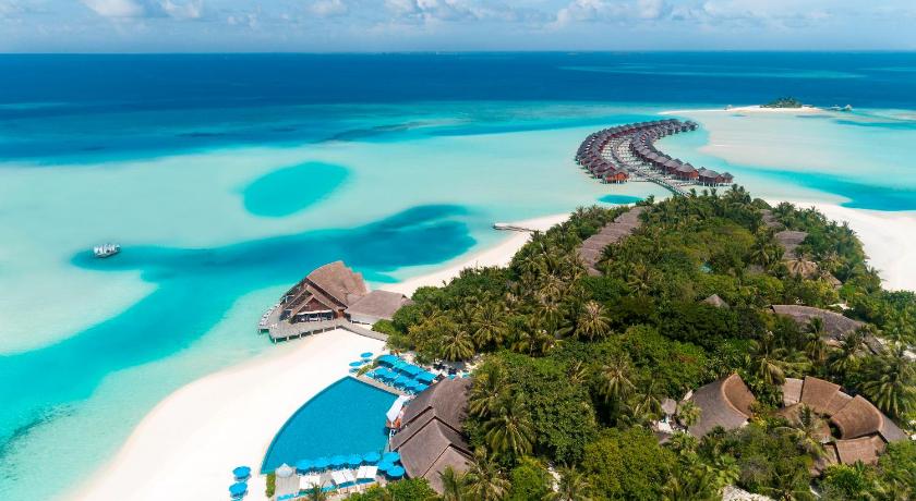 a scenic view of a beach with palm trees, Anantara Dhigu Maldives Resort in Maldive Islands
