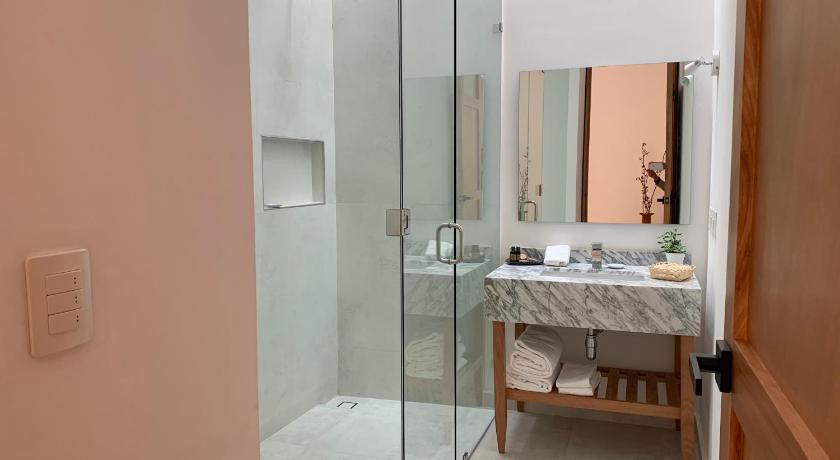 a bathroom with a shower, sink, and toilet, Casa Tuna in Mexico City
