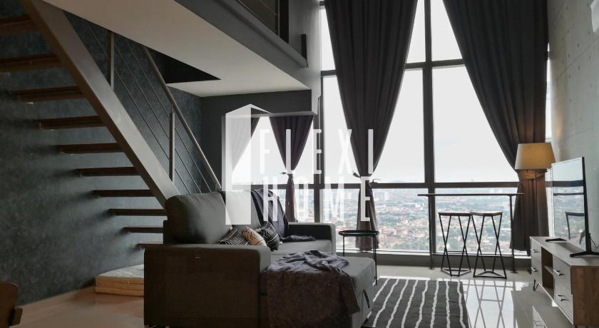 a living room filled with furniture and a balcony, NETFLIX-Pinnacle PJ, Fantastic City View, 1-6 Guests Designed Duplex Home by Flexihome-MY in Kuala Lumpur