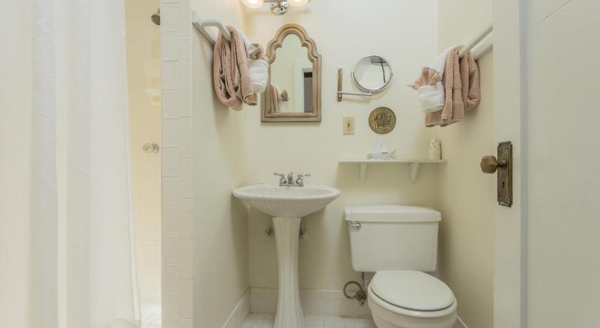 a bathroom with a toilet a sink and a mirror, Herlong Mansion Bed & Breakfast in Micanopy (FL)