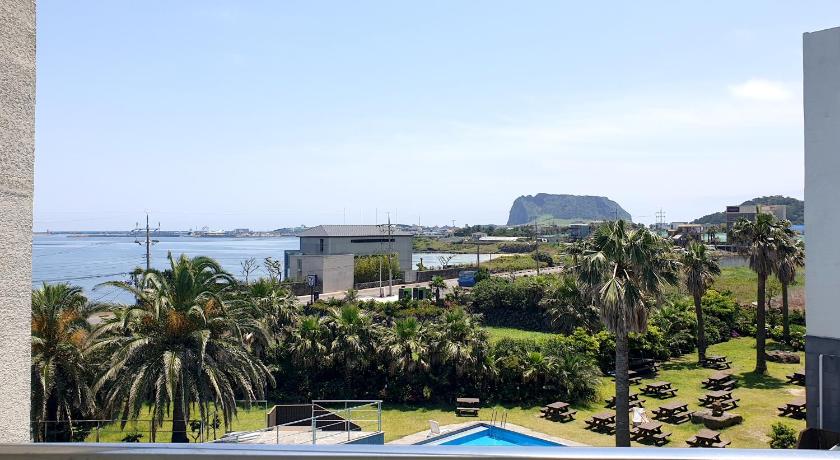 a view from a balcony of a beach with palm trees, The Four Graces Resort in Jeju