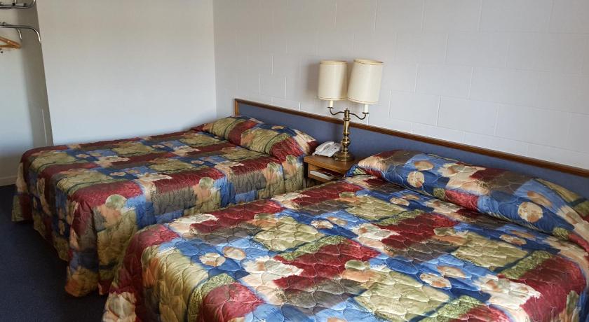 a hotel room with a bed and a lamp, Guest Lodge Motel in Minot (ND)