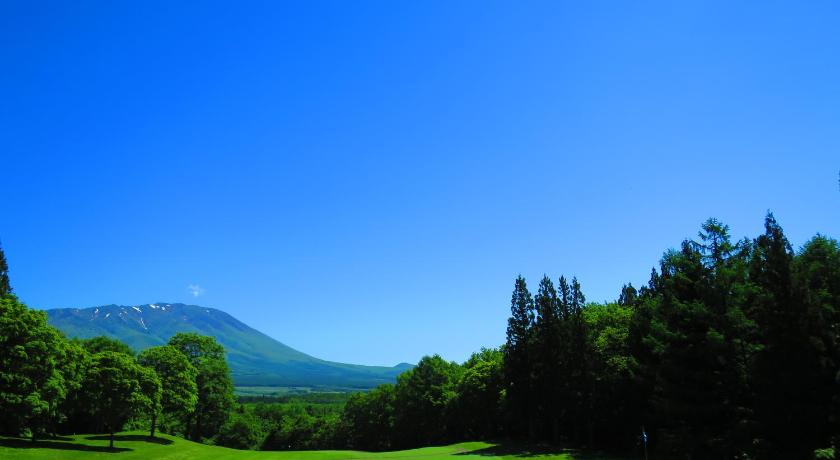 a grassy area with trees and a mountain, Shizukuishi Prince Hotel in Morioka