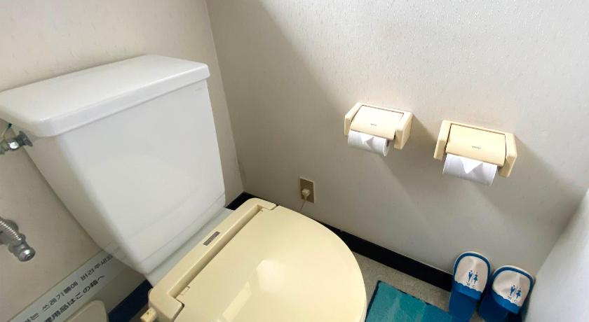 a white toilet sitting next to a toilet paper dispenser, Yufuin Onsen Hasuwa Inn in Yufu