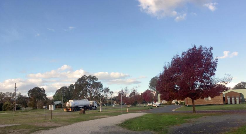 a white truck parked in a grassy area next to a tree, Holbrook Motor Village in Holbrook