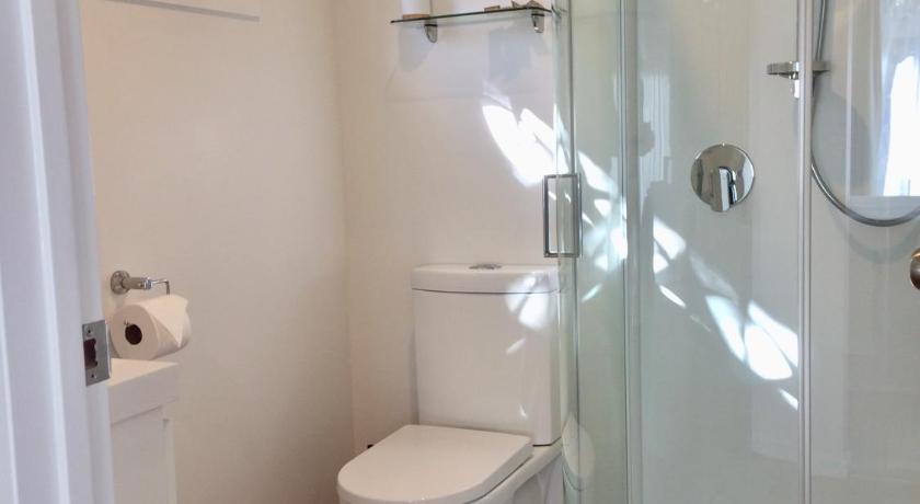 a white toilet sitting next to a shower in a bathroom, Art Glass Studio in Wanaka