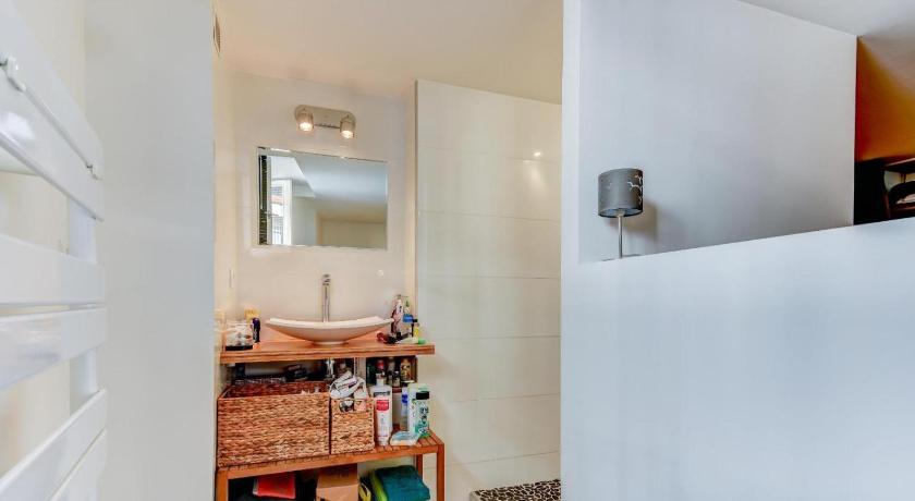 a bathroom with a sink, mirror, and bookshelf, Atout Carmes in Toulouse