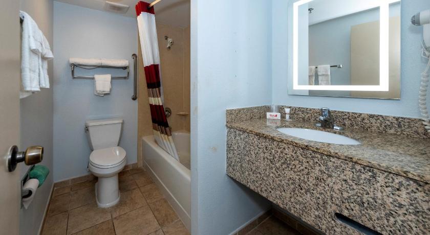 a bathroom with a toilet, sink, and mirror, Red Roof Inn & Suites Wilmington - New Castle in New Castle (DE)