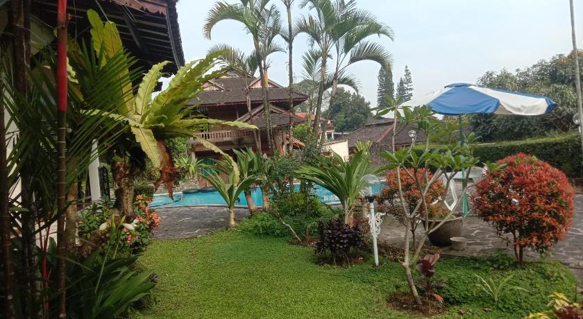a grassy area with a tree and palm trees, Villa Maharani Puncak in Puncak