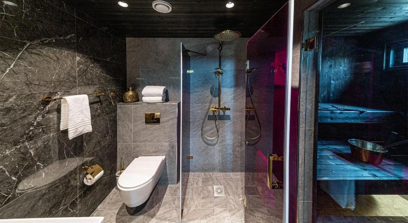 a bathroom with a shower, toilet, and tub, Aurora Queen Resort Igloos in Sodankyla