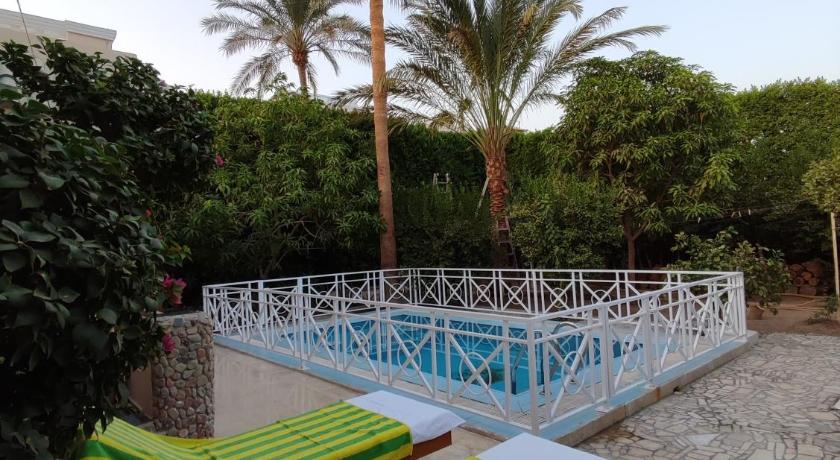 a green bench sitting on top of a lush green field, Villa Rayan in Hurghada