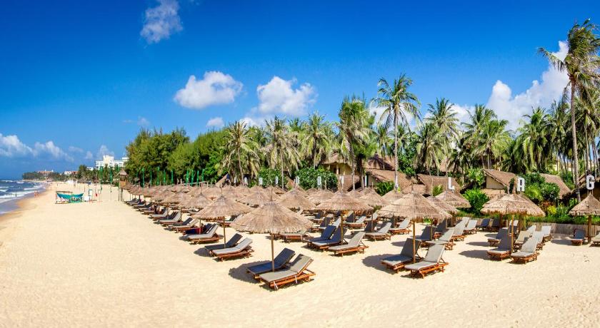 a beach filled with lots of beach chairs and umbrellas, Bamboo Village Beach Resort in Phan Thiet