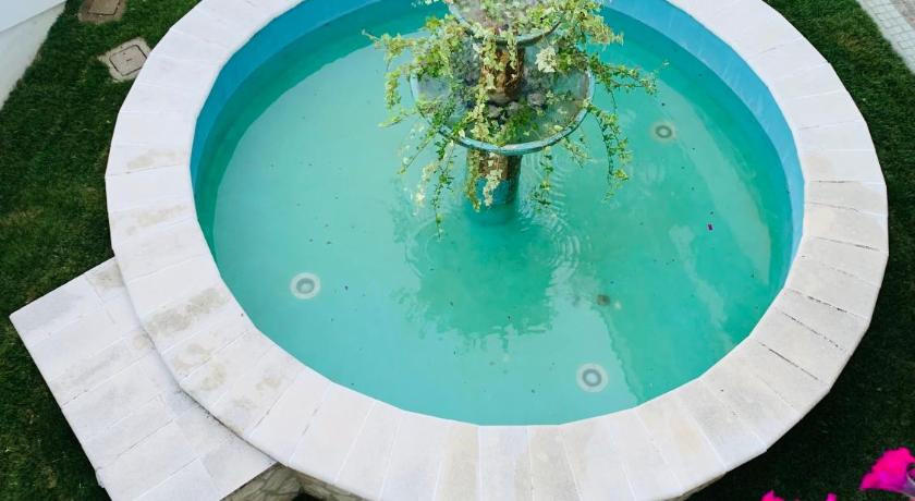 a green garden hose sitting next to a pool of water, Hotel San Berardo in Pescina