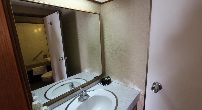 a bathroom with a sink and a mirror, Airport Side Kagoshima Kuko Hotel in Kirishima