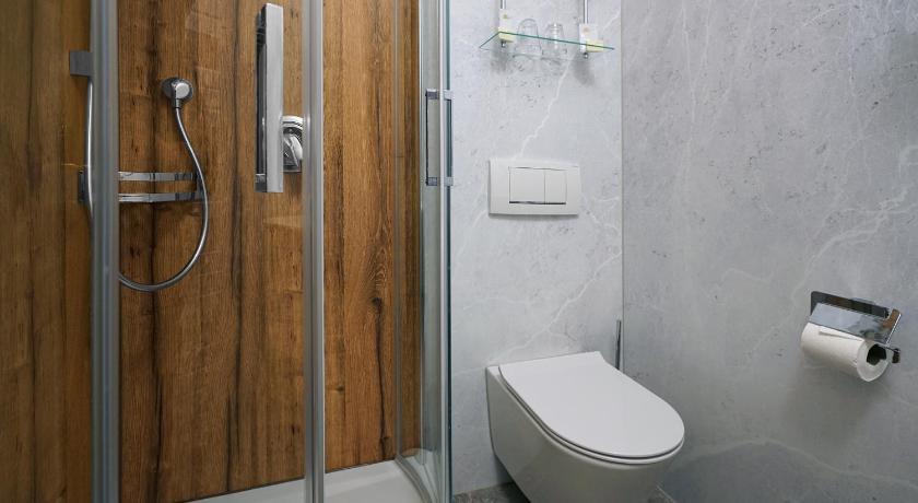 a bathroom with a toilet and a shower stall, Hotel und Restaurant Buhlhaus in Eibenstock