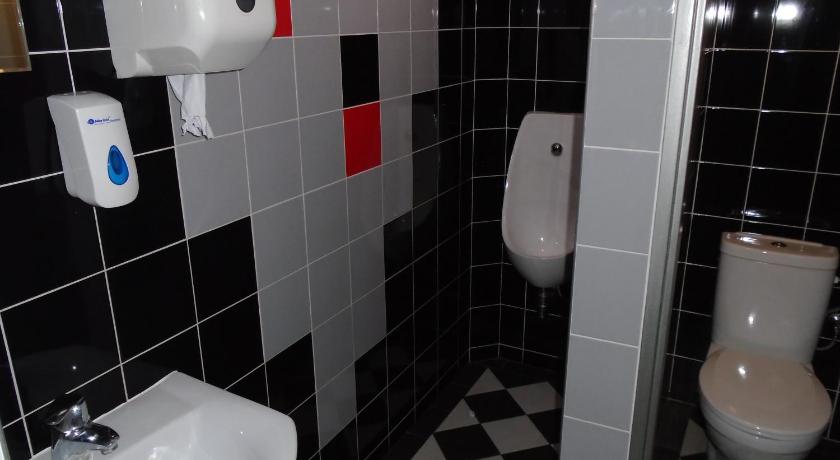 a bathroom with a toilet, sink, and mirror, Pension Dobroucky in Prague