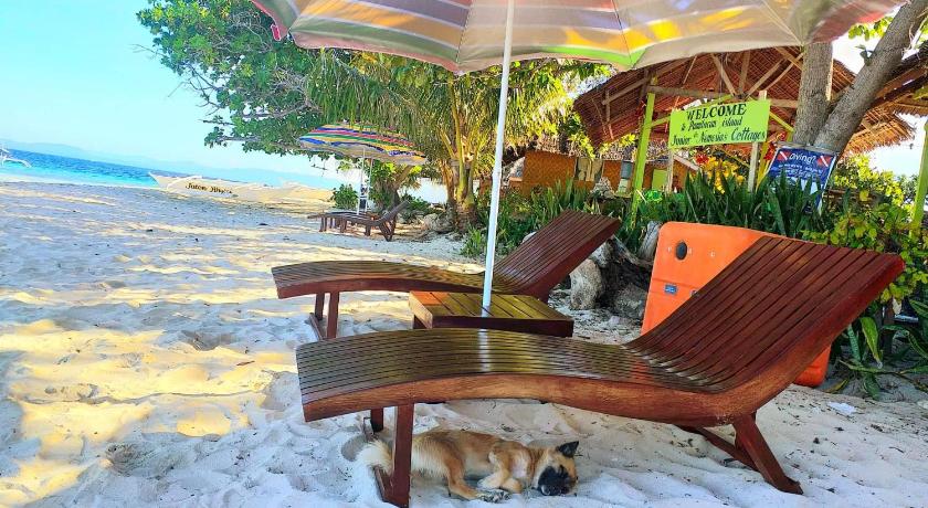 a dog sitting on a beach chair under an umbrella, Junior & Nemesia's Cottages in Bohol