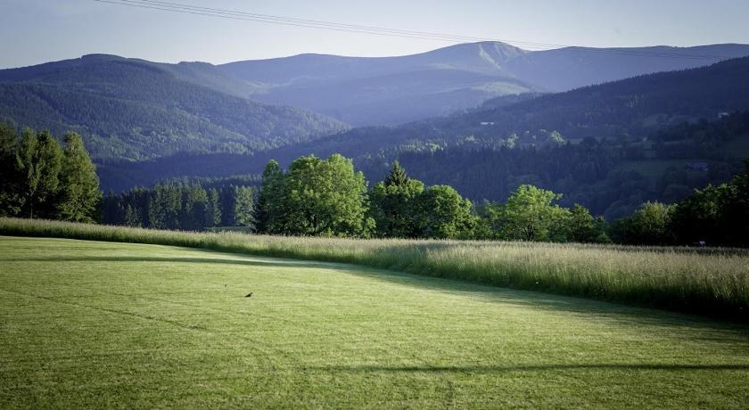 a grassy field with trees and mountains, pension alex in benecko