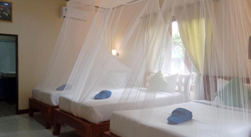 a hotel room with two beds and a window, Tree Top River Huts in Surat Thani