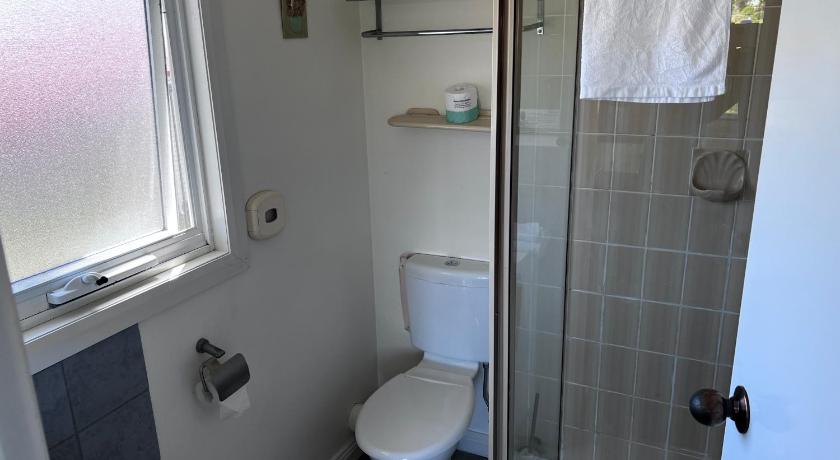 a white toilet sitting next to a shower in a bathroom, Dannebrog Lodge in Devonport