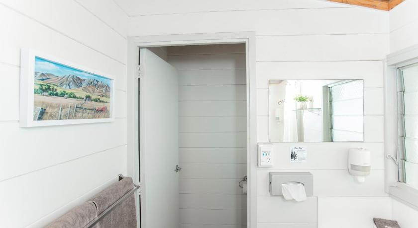 a bathroom with a sink, toilet and mirror, Waikanae Beach Motel in Gisborne