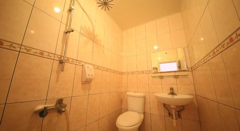 a bathroom with a toilet a sink and a shower, Goden Beach B&B in Kenting
